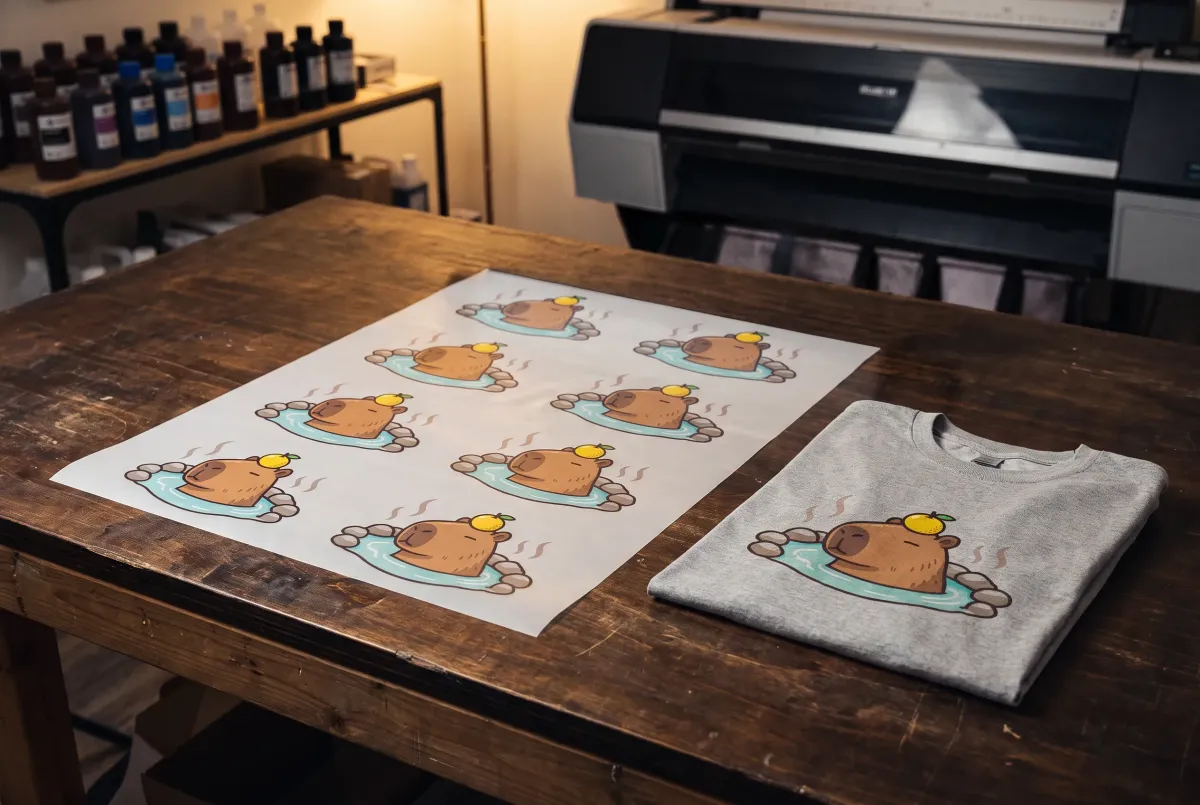 A roll of capybara transfers on the bench beside the finished shirt